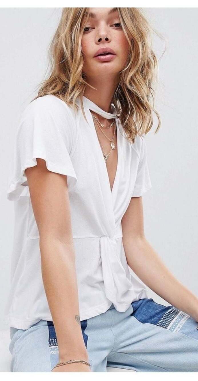 Free People Twist Front Choker Neck Top White XS boho festival chic
